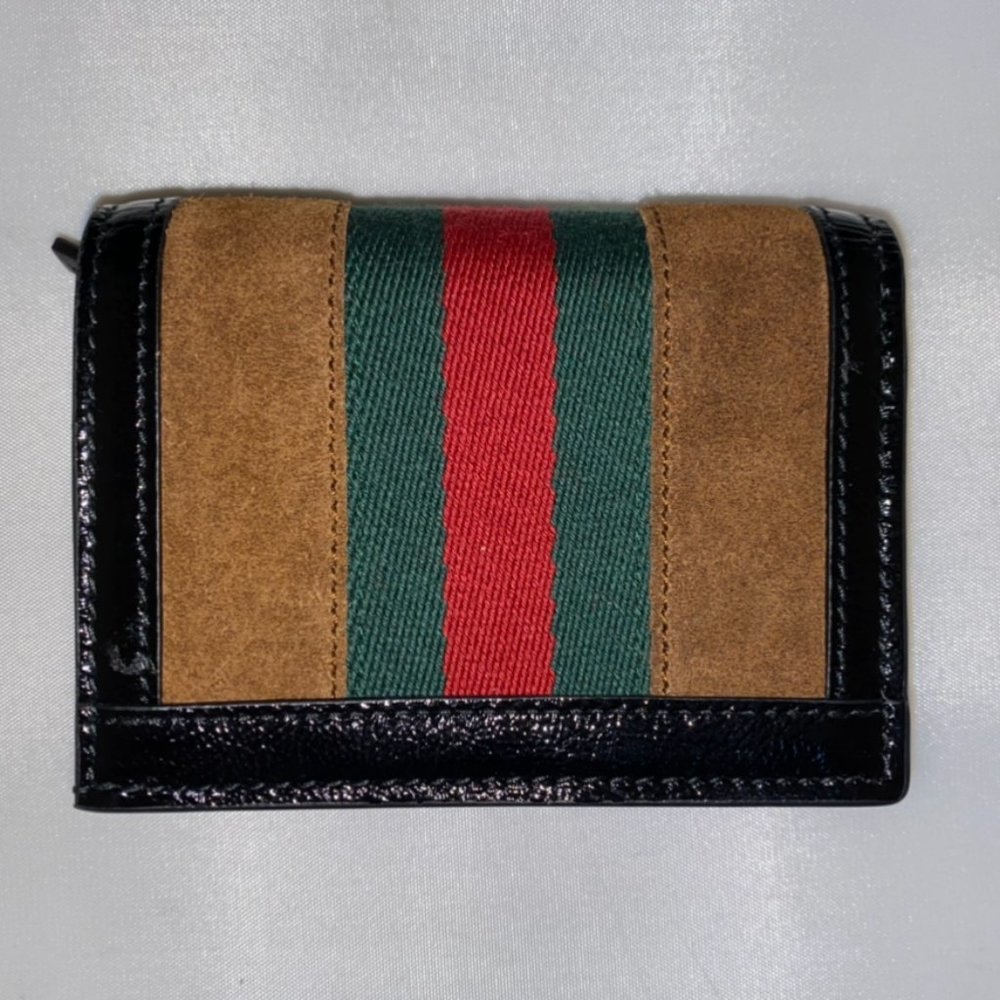 Gucci Ophidia GG Card Case Wallet Brown Suede and Patent Leather Trim NEW IN BOX - Picture 2 of 4